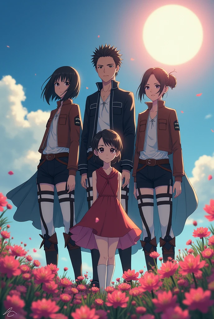 Attack on titan mikasa and eran stand behind demon slayer nazuko komado. flowers in background. sun in sky with blue sky.
