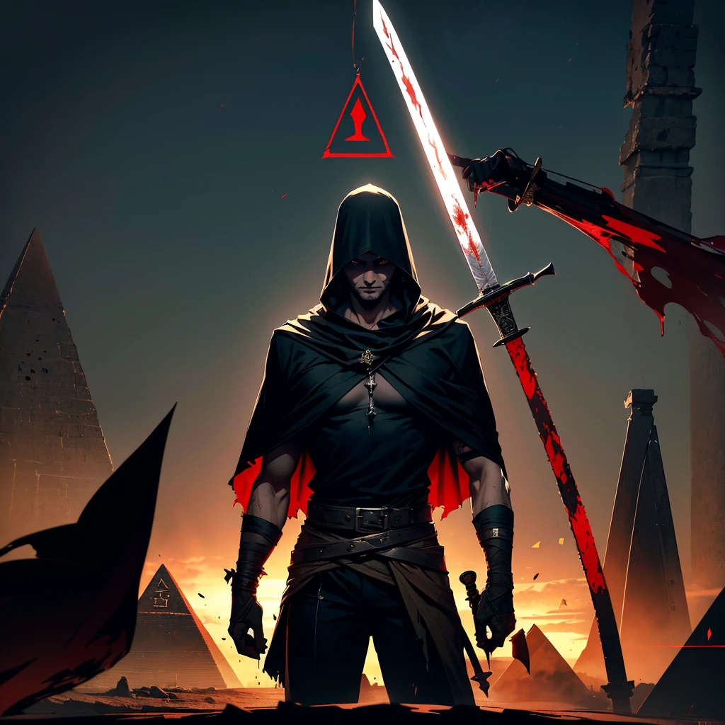Strong tall guy, looking at viewer, hands behind back, giant saw sword, blood on the clothes and all over the sword. an iron pyramid hat with small, ancient writing covering the entire head down to the neck, black shirt and pants, torn black cape with blood, blood on the clothes, blood on the accessory, pyramid replacing the head