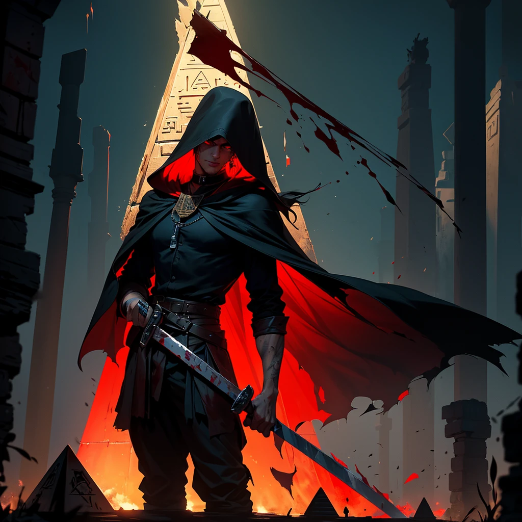 Strong tall guy, looking at viewer, hands behind back, giant saw sword, blood on the clothes and all over the sword. an iron pyramid hat with small, ancient writing covering the entire head down to the neck, black shirt and pants, torn black cape with blood, blood on the clothes, blood on the accessory, pyramid replacing the head