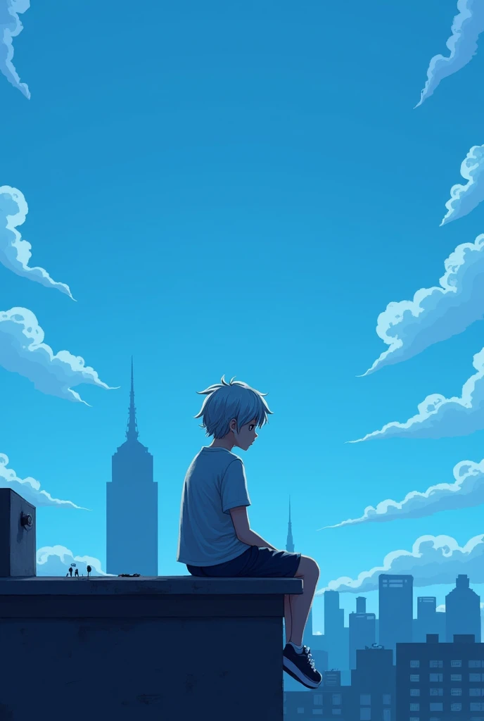 Make me a picture of a teenager with silver hair sitting on the roof of a building looking at the blue sky with some city in the background seen from behind, all in pixel art with a dark filter to give it melancholy