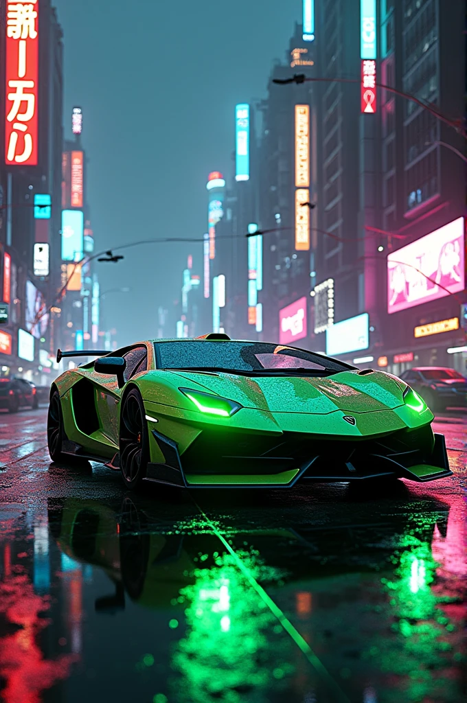 Aventador svj in cyberpunk neon city with green neon lights