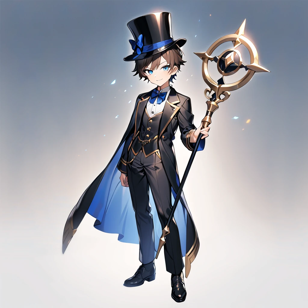 ungboy, short messy brown hair, blue eyes, black tailcoat jacket, white buttoned shirt, bow tie, black cape, black pants, black top hat, smirking, ((holding a magic staff)), ((standing)), ((solo)), ((full body)), looking towards the viewer, from the front, simple background