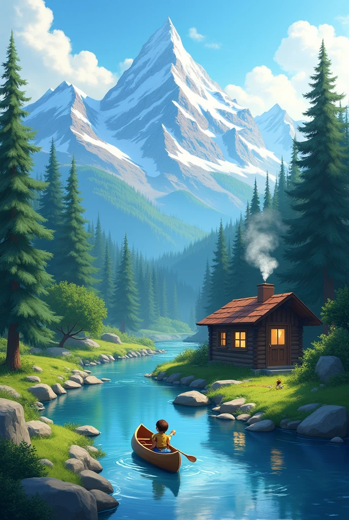 Mountains in the background with snow caps, Trees , a river with rocks and a cabin with smoke coming out of the chimney and a child with a canoe in front of the house sailing on the river 