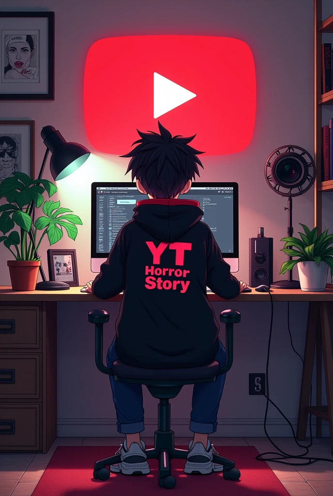 Create a image of "A 18 years anime boy sitting in front of a computer desk with a microphone and laptop, wearing black and red hoodie with the Channel Name on it "yt horror story". The background includes a large YouTube logo on the wall, potted plants on either side, and various recording equipment."