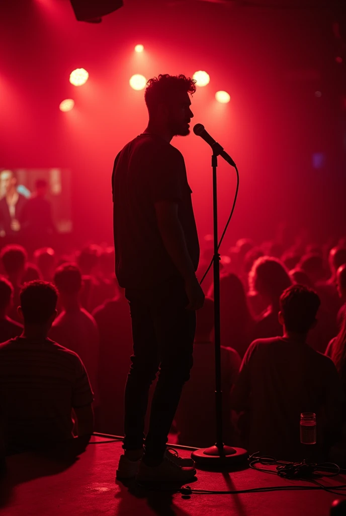 there is a man that is standing in front of a microphone, chillin at the club together, reddit post, medium wide shot, very very low quality picture, lit from below with red lighting, below is the crowd, captura, (((low light))), ƒ / 2. 5, ƒ/2.5, !!!! very coherent!!!!, very wide shot