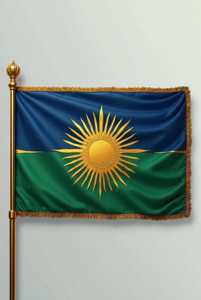 Here’s a refined idea for the Bir Tawil flag:
1. **Background**:
- **Three Horizontal Stripes**: Blue (top), green (middle), and gold (bottom). This signifies peace, growth, and prosperity.
2. **Center Emblem**:
- **Gold Sun**: Positioned centrally over the green stripe. The sun can have rays extending outward, symbolizing warmth, energy, and a bright future.
3. **Additional Elements**:
- **Border**: A thin gold border around the flag can provide a finished look and emphasize unity.