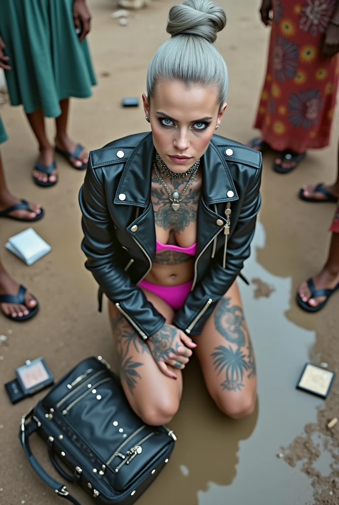 russian milf woman, grey hair (high pompadour, top bun), with very light blue eyes, extremely pale skin. All neck tattooed. Hands and forearms all tattooed.vTighs all tattoed. Wearing cropped aged black moto jacket with lots of zippers and pins, flipped up collar.. fuchsia bikini.. flip flops. . Dirty knees, dirty feet and muddy hands. Squatting on a puddle with hands on her hips, looking up, chin up, stretching her neck , humble facial expression. Black nail polish. studded black leather tote bag with chain on the floor, next to her.. Listening looking up in amazement to somebody speaking to her from the sky, upper teeth visible. Well toned abdominals, thin neck, slim legs and thin arms. Narrow hips Cleavage, stomach, neck, tigh and hands completely covered with tattoos. Dirt street in Kenyan village full of waste. Lots of silver bracelets, silver pendants and collars around all the beck. A lot of tanned fat women in traditional dresses around looking at her. next to her, all her belongings scattered on the floor: tobacco packs, makeup kit, little makeup mirror, studded black leather tote bag, lipstick, wallet, moble etc on the floor, point of view; from above