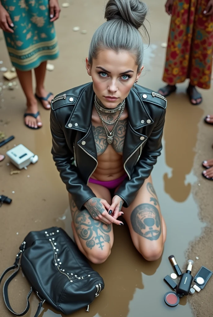 russian milf woman, grey hair (high pompadour, top bun), with very light blue eyes, extremely pale skin. All neck tattooed. Hands and forearms all tattooed.vTighs all tattoed. Wearing cropped aged black moto jacket with lots of zippers and pins, flipped up collar.. fuchsia bikini.. flip flops. . Dirty knees, dirty feet and muddy hands. Squatting on a puddle with hands on her hips, looking up, chin up, stretching her neck , humble facial expression. Black nail polish. studded black leather tote bag with chain on the floor, next to her.. Listening looking up in amazement to somebody speaking to her from the sky, upper teeth visible. Well toned abdominals, thin neck, slim legs and thin arms. Narrow hips Cleavage, stomach, neck, tigh and hands completely covered with tattoos. Dirt street in Kenyan village full of waste. Lots of silver bracelets, silver pendants and collars around all the beck. A lot of tanned fat women in traditional dresses around looking at her. next to her, all her belongings scattered on the floor: tobacco packs, makeup kit, little makeup mirror, studded black leather tote bag, lipstick, wallet, moble etc on the floor, point of view; from above
