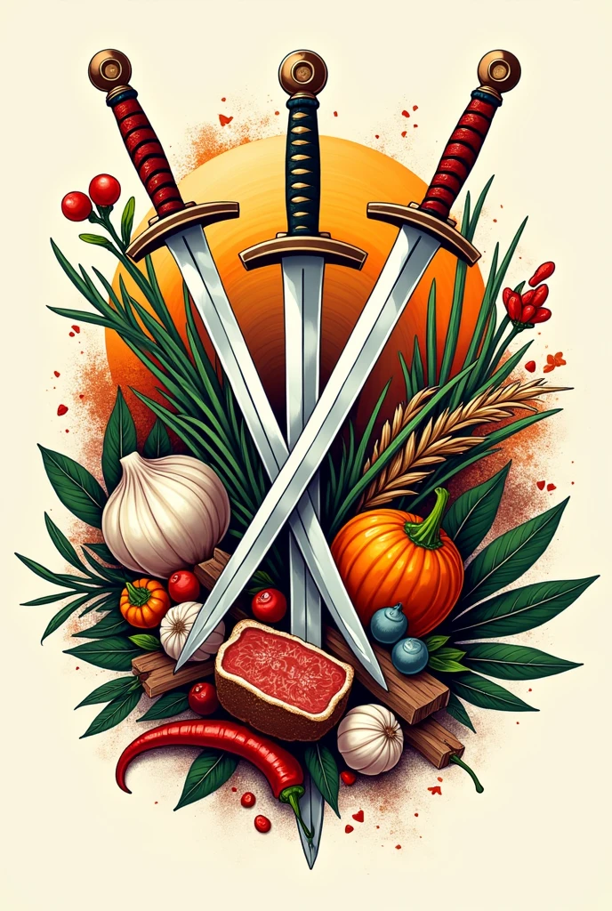 Logo for a restaurant with oriental and Italian culture, cake, noodle italiano, spices, garlic, onion, gingantic, curry, chives, chou, pod, Chilies, Pepper's, meat, noodle, beer bottle, three swords and written "PraJapa"