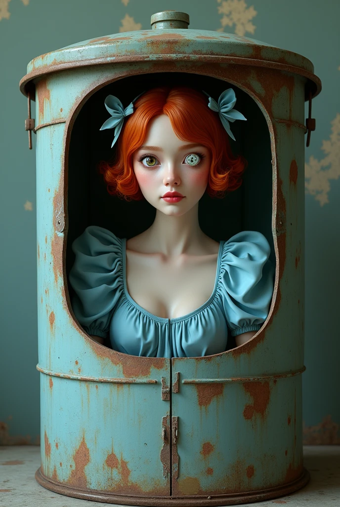 A woman with short red hair tied with a blue bow, her left eye is a button, and she is wearing a blue dress. She is in a trash can.
