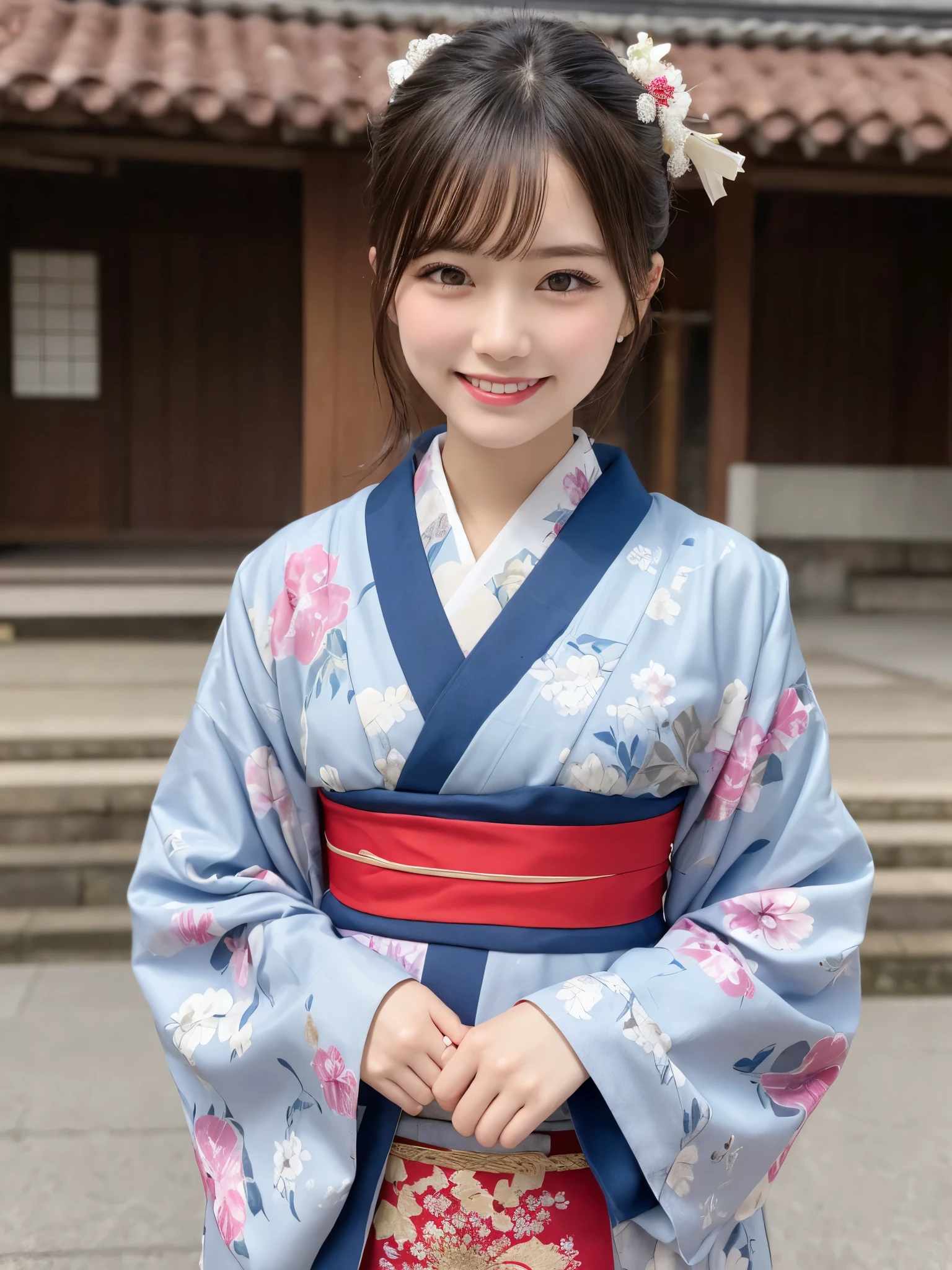 1girl, solo, highres, best_quality, masterpiece, detailed_background, intricate_details, beautiful, fukuoka, fukuoka_castle, historical, traditional_clothes, kimono, smile, looking_at_viewer, dynamic_pose, natural_pose, candid, happy