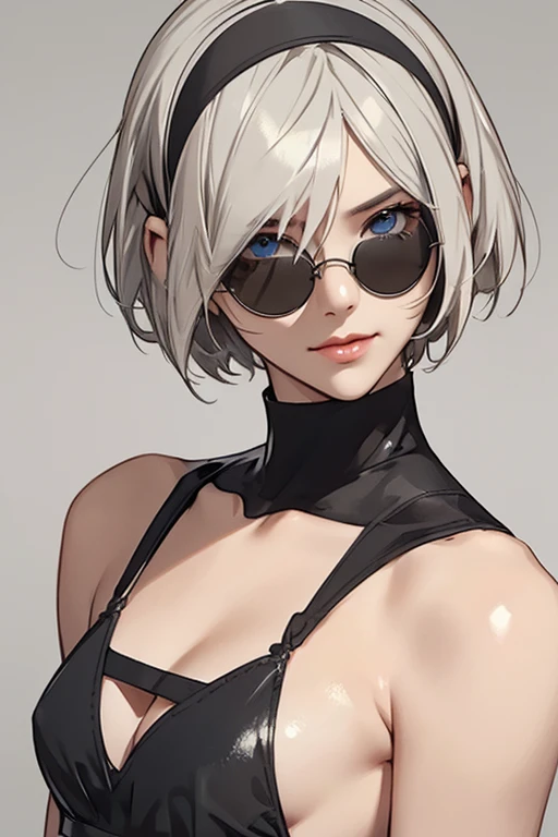 {erotic face,looking away,enchanting smile} BREAK {solo, (2B of Nier Automa:1.4)), (slender body,small breasts),(lightbrown_lightwhite colored hair:1.4, short cut hair), (medium mouth:1.2),(narrow and sharp eyes:1.4,blue-glay eyes,sparkling eyes:1.1) BREAK {(Nier_Automata_2B costume:1.2),(black hairband:1.4),(black colored small-round-retor-sunglasses:1.4),(hand on sunglasses:1.2)} BREAK {(cleavage between breasts:1.2)},{(masterpiece,best quality, 16K illustration, UHD, extremely detailed CG, detailed beautiful face and eyes and skin and hair)}
