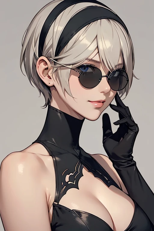 {erotic face,looking away,enchanting smile} BREAK {solo, (2B of Nier Automa:1.4)), (slender body,small breasts),(lightbrown_lightwhite colored hair:1.4, short cut hair), (medium mouth:1.2),(narrow and sharp eyes:1.4,blue-glay eyes,sparkling eyes:1.1) BREAK {(Nier_Automata_2B costume:1.2),(black hairband:1.4),(black colored small-round-retor-sunglasses:1.4),(hand on sunglasses:1.2)} BREAK {(cleavage between breasts:1.2)},{(masterpiece,best quality, 16K illustration, UHD, extremely detailed CG, detailed beautiful face and eyes and skin and hair)}