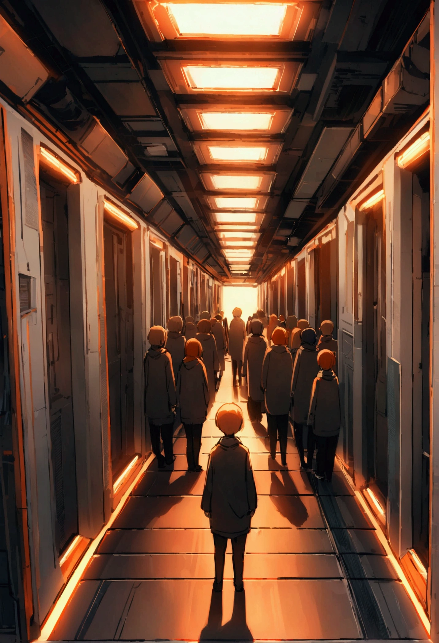 There is a rectangular hallway that’s longer along the width, in a used yet sci-fi ship. The lighting is dim and has a soft orange shading. There are a few people standing side by side with one another across the width of the hallway. Each person looks unique and different from each other. The people are facing the POV.