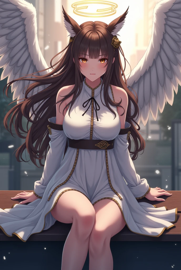there is a woman sitting on a bench with an angel wings on her head, (hair swept bangs:1.3), (brown hair:1.3), anime style, from girls frontline, fine details. girls frontline, girls frontline universe, girls frontline style, girls frontline, girls frontline cg, full - body dark angel of coffee, wearing angel halo