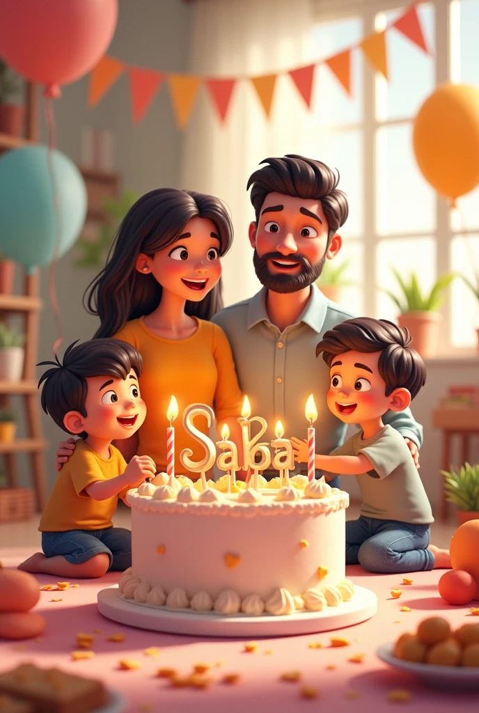 A beautiful birthday cake for my wife "Saba" name written on the cake celebrating in beautiful home with my wife and two sons playing around in 4d cartoon characters