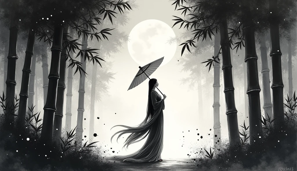 dynamic ink painting of a bamboo grove, black and white,monochrome, great art, great sense of depth, ground level shot, the most beautiful bamboo grove in the world, bamboo leaves shining through rainwater, moon\(pale blue\) with a light overcast, beautiful woman\(ancient Japanese noble, beautiful kimono, beautiful long black hair\) looking up at the moon holding an umbrella, fireflies flying around, bamboo leaves are placed three-dimensionally in the foreground, long shot