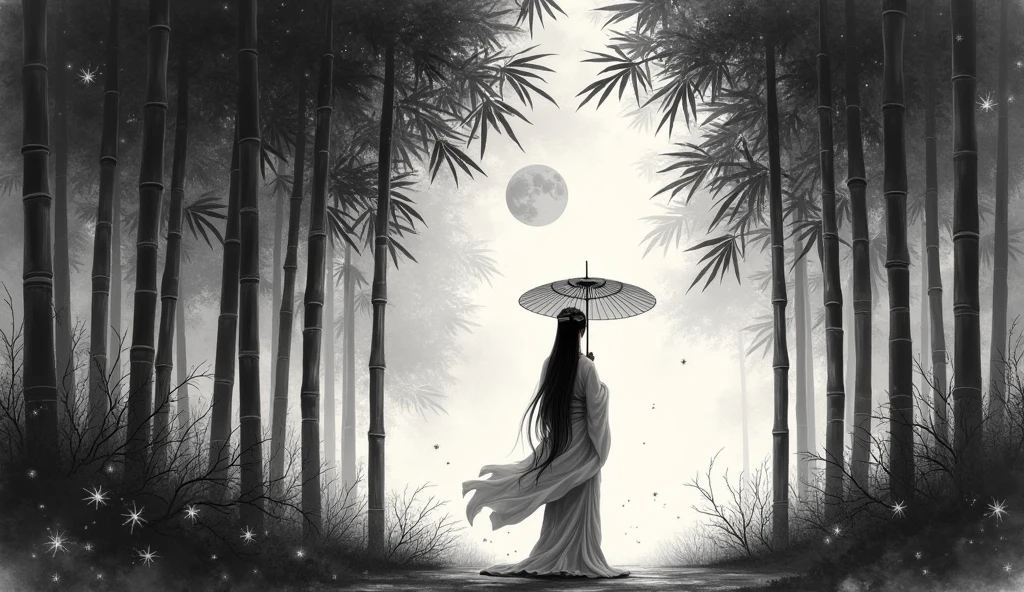 dynamic ink painting of a bamboo grove, black and white,monochrome, great art, great sense of depth, ground level shot, the most beautiful bamboo grove in the world, bamboo leaves shining through rainwater, moon\(pale blue\) with a light overcast, beautiful woman\(ancient Japanese noble, beautiful kimono, beautiful long black hair\) looking up at the moon holding an umbrella, fireflies flying around, bamboo leaves are placed three-dimensionally in the foreground, long shot