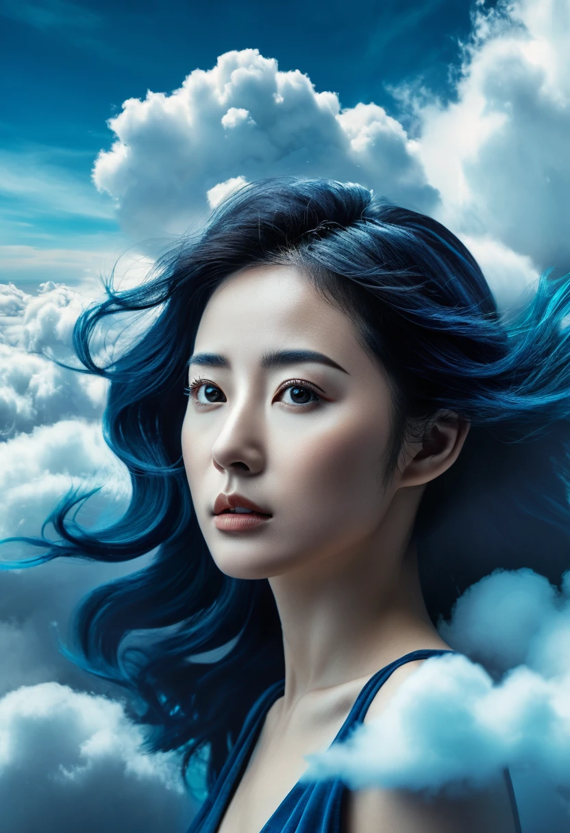 high quality, 8K Ultra HD, Surreal portrait of a stunning woman.
Photo illustration of the world in the clouds, Dark indigo and light cyan, Incomprehensible sculpture, Practical, 32k UHD resolution, high quality, Professional photography, closure, Realism and the touch of emotion: Inoue's works show meticulous attention to detail, characters to life with Practical proportions and anatomical accuracy, Simply pursuing realism; instead, Art with emotional depth, Capture the essence of the character through their expressions and movements.Intricate details, Very detailed,