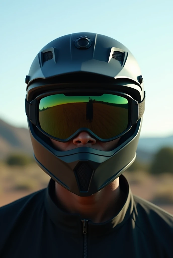 A selfie of a dark-skinned man wearing a black motocross helmet with dark green accents, polarized motocross glasses . The helmet, The glasses completely cover his face and nose.. The scene takes place outdoors, under natural daylight, with an open landscape in the background showing distant trees and hills