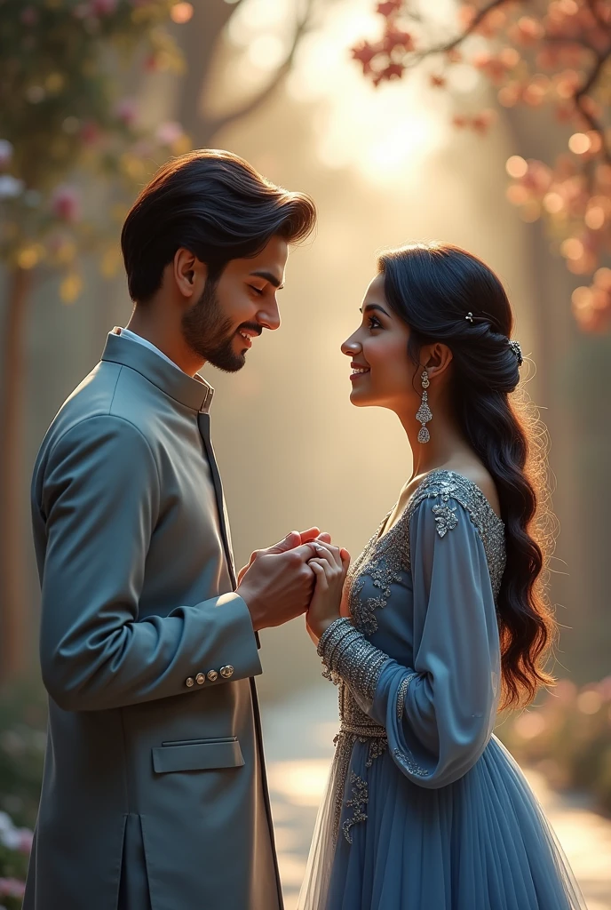 A beautiful pakistani couple having engagement putting ring to girl's finger in silver and blue dress with open hair of girl and maintaing distance and boy has round face shape with full dress