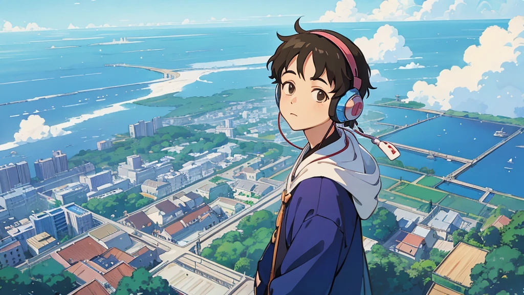 Ghibli-style anime man with headphones Cafe Ghibli-style illustrations City Pop