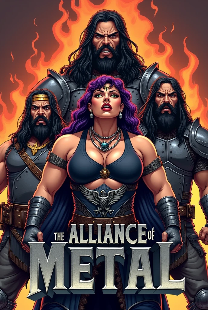Illustration for a poster to promote a heavy metal band concert, with two barbarian warriors with black hair and eyes and steel armor and a chubby female warrior, overweight, with black armor, imposing and with an angry expression, ready for battle, with purple hair and green eyes, wearing a necklace with a pendant in the shape of a steel eagle with open wings, between the two warriors, with fire behind them, in the style of 80's comic books, in the dimensions used for Instagram posts, with the title of the event The Alliance of Metal with the letters in metallic gray with black shadows, in the middle of the poster