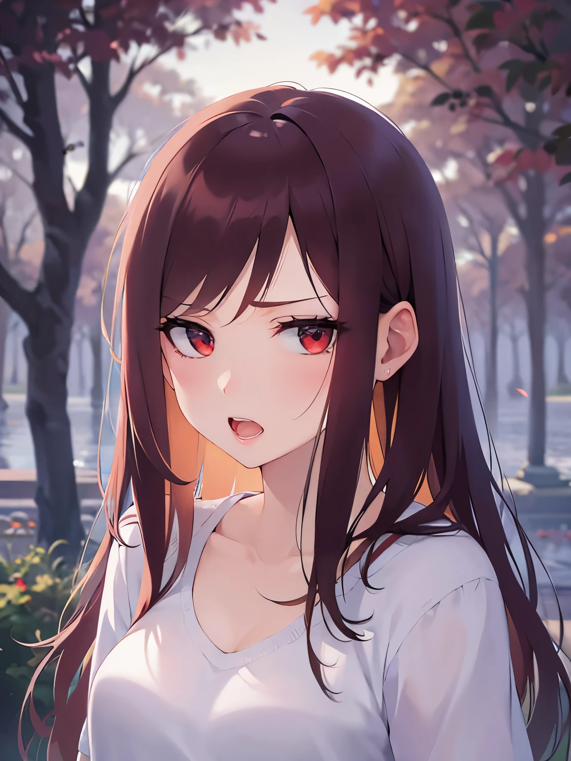 (looking at viewer:1.5)Upper Body, pointing、Biologically correct five fingers、 Realistic, real person, RAW photo, photorealistic, portrait photography, shiny skin, 2 woman、(Medium Hair) and (red hair) and (red eyes), jitomeWearing a white T-shirt、 (angry:1.2), open mouth, park、(alone:1.5)