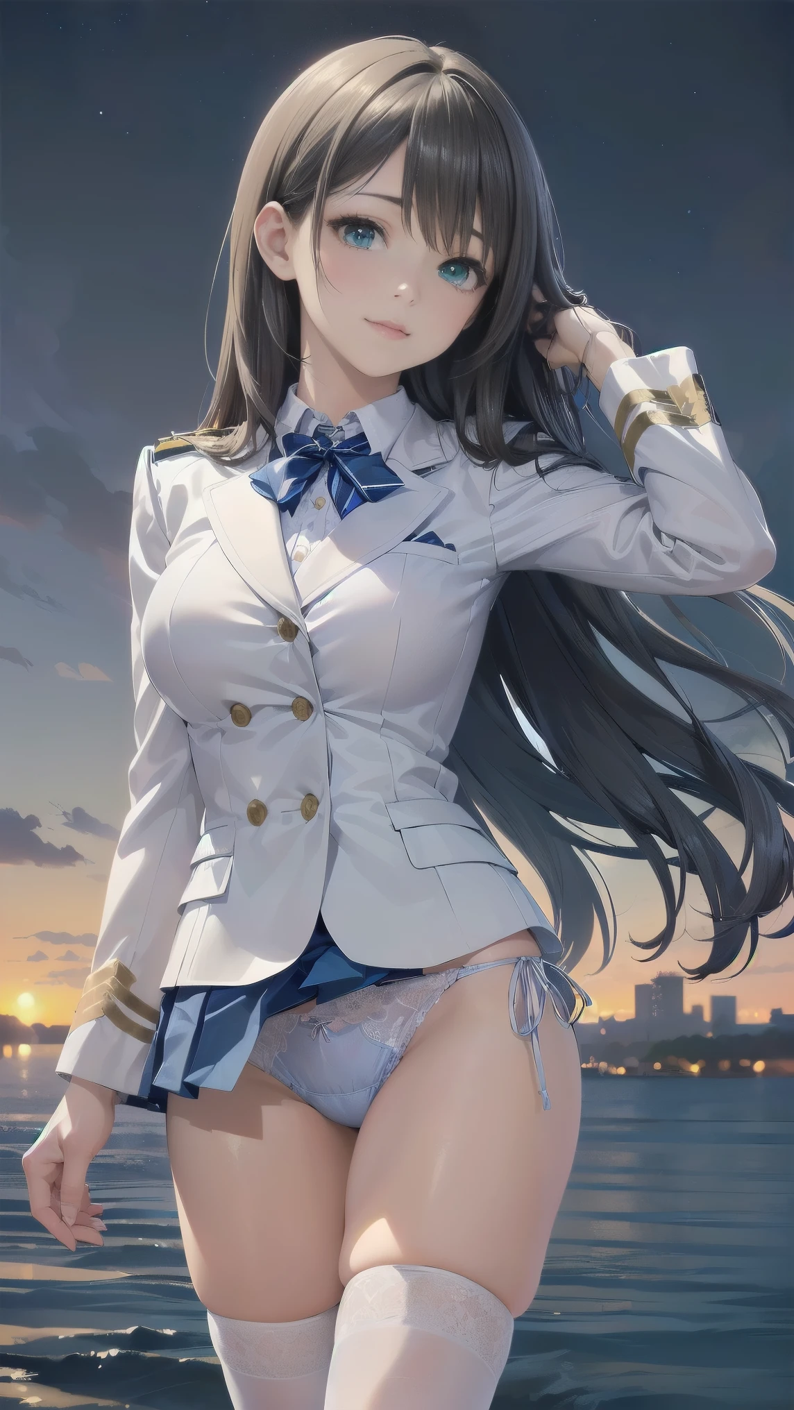 1girl,((Smooth, long brown hair fluttering in the wind,Green Eyes)),((masterpiece,Very realistic,A detailed anime wallpaper:1.4)),((Perfect ???????:1.2)),Cute symmetrical face,CG Unity 8k,((White Blazer Uniform,Black tie,pleated micro mini skirt,White thigh-high socks)),8K quality,Extremely sophisticated digital art,((Looking to the side and touching her hair with one hand:1.35)),Perfect cute girl,Looking at the camera with a gentle smile,A soothing smile,Very large breasts,Extremely detailed hair and face,Artistic pastel art,A pier with a beautiful night view of the big city,((Fresh breeze)),Professional Lighting,Supermodel,((Light blue lace side tie panties:1.08))