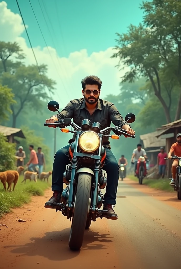 Actor prabhas driving bike in blue tree in india right side villages and humans and bikes, dogs, in Telangana road