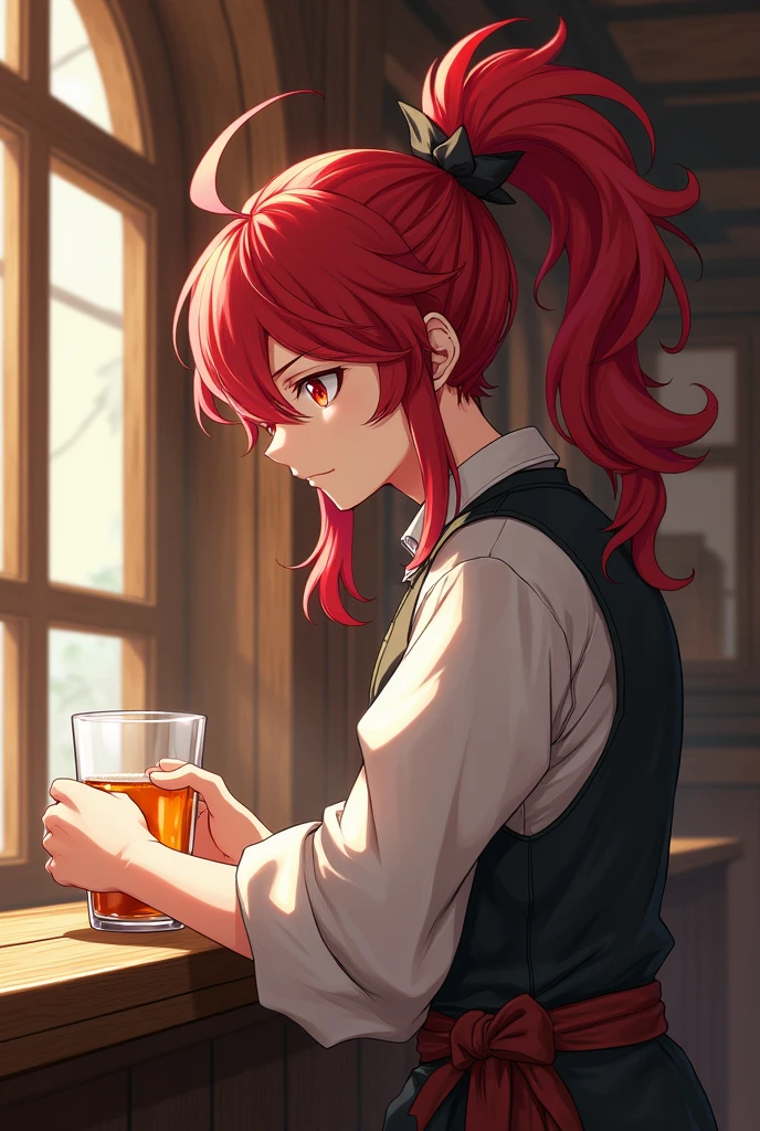 Make an anime character, 20 year old man, white skin, red hair, messy hair, ponytail hair, voluminous hair, long hair, red eyes, Diluc character from genshin impact, white medieval shirt, leather medieval vest, cleaning a glass cup wooden counter, bartender, tavern scene, closed eyes