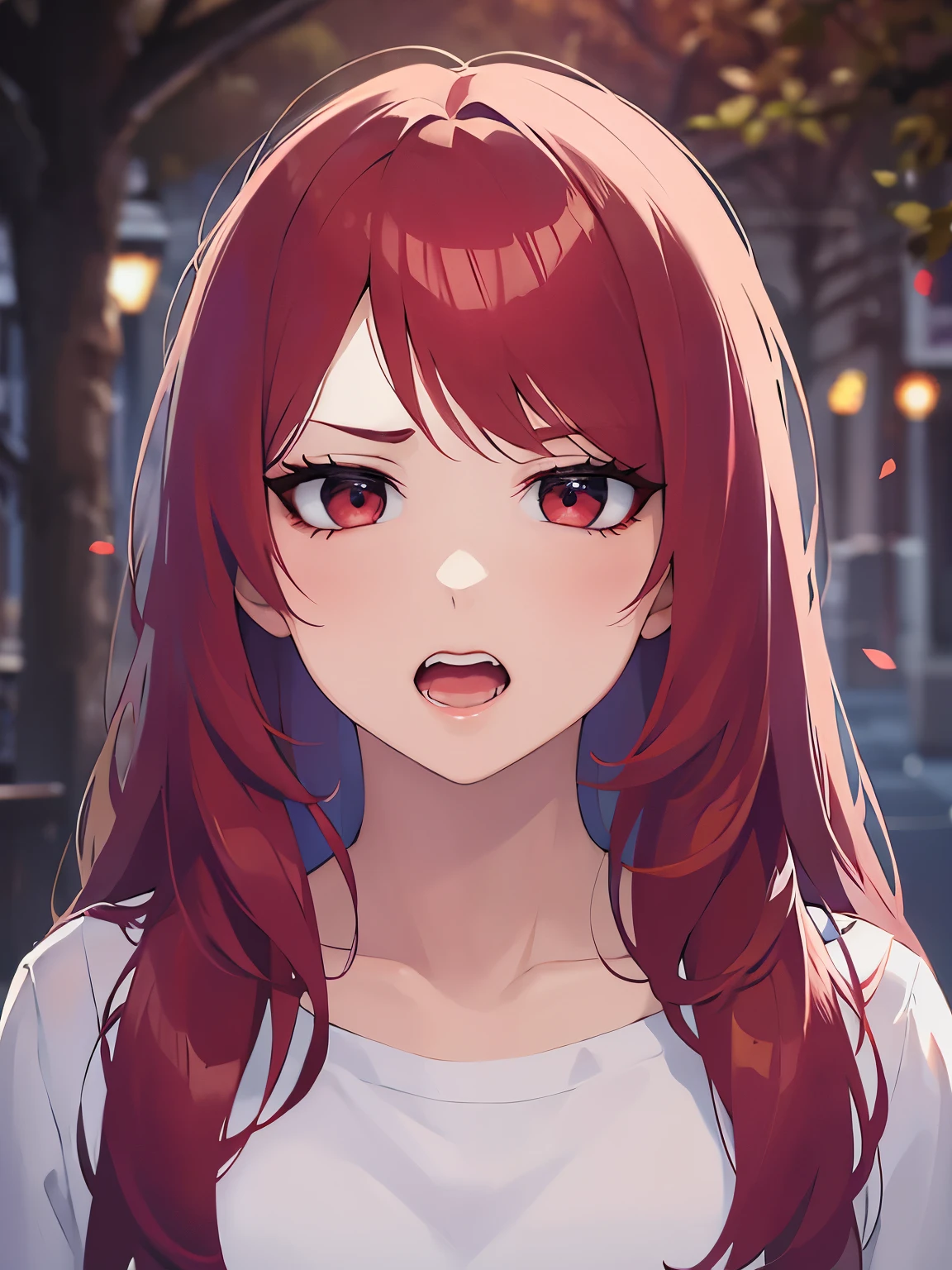 (looking at viewer:1.5)Upper Body, pointing、Biologically correct five fingers、 Realistic, real person, RAW photo, photorealistic, portrait photography, shiny skin, 2 woman、(Medium Hair) and (red hair) and (red eyes), jitomeWearing a white T-shirt、 (angry:1.2), open mouth, park、(alone:1.5)