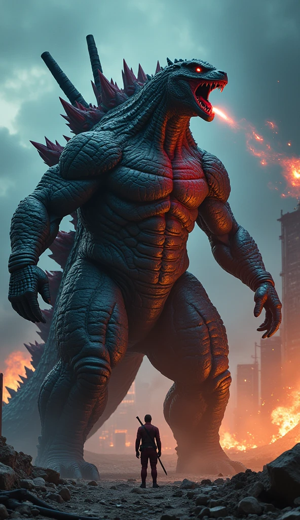 A cinematic, hyperrealistic image of a colossal creature, a fusion of Godzilla and Deadpool. The left side of the creature is Godzilla, with massive size and scaly skin, while the right side is Deadpool, with a human-like form and a costume. The creature is holding a katana in one hand and is blasting energy from its mouth. The background is a destroyed city at night. Hyperdetailed, cinematic lighting. Focus on the contrast between the organic and mechanical elements