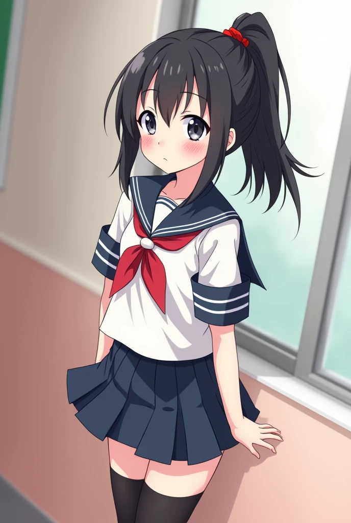Anime Shy blushing 1 girl because She wanna tell you (you are cute lesbian girl to her that she love) Ayano Aishi has pale skin, dark grey eyes, and straight, mid-back length black hair. She stands at a height of 165 cm (5 ft. 5 in), weighs 43.5 kg (96 lbs.), and has average-sized breasts. Her hair is tied into a high ponytail with sharp bangs swept to the right, the middle one being the most prominent, and two strands of hair that frame her face, reaching to her shoulders. She's usually portrayed wearing the default school uniform: a white and navy blue sailor uniform shirt with a red mini scarf, a matching navy blue skirt, black thigh high socks, and black shoes. With all uniforms, she wears black thigh high socks. (Futa Ayano Aishi)