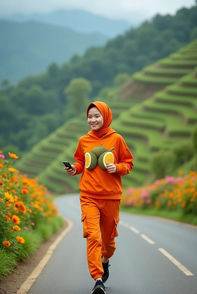 Beautiful Thai girl, smooth white skin, well-groomed face, thin smile, orange hijab, orange hoodie with durian fruit pattern, orange cargo pants, black snack shoes wearing headphones in ears, iPhone cell phone in hand, jogging in a very exotic village, background on mountain roads , on either side of the road there are fertile rice fields with colorful flowers that look authentic, real and realistic in photos