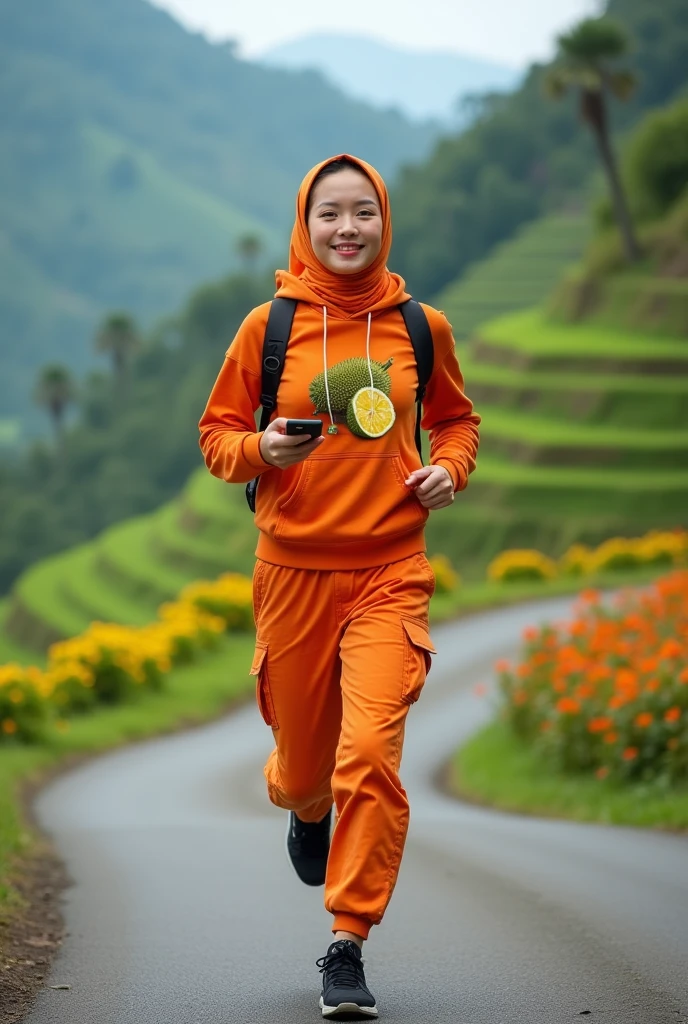 Beautiful Thai girl, smooth white skin, well-groomed face, thin smile, orange hijab, orange hoodie with durian fruit pattern, orange cargo pants, black snack shoes wearing headphones in ears, iPhone cell phone in hand, jogging in a very exotic village, background on mountain roads , on either side of the road there are fertile rice fields with colorful flowers that look authentic, real and realistic in photos