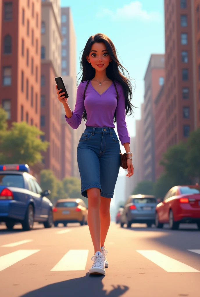 Pixar-type poster with a lady with long, straight black hair, She wears a purple sleeved blouse and a knee-length fitted denim skirt., white low converse tennis shoes. In his right hand he has a cell phone. He is walking on the street where there are cars 