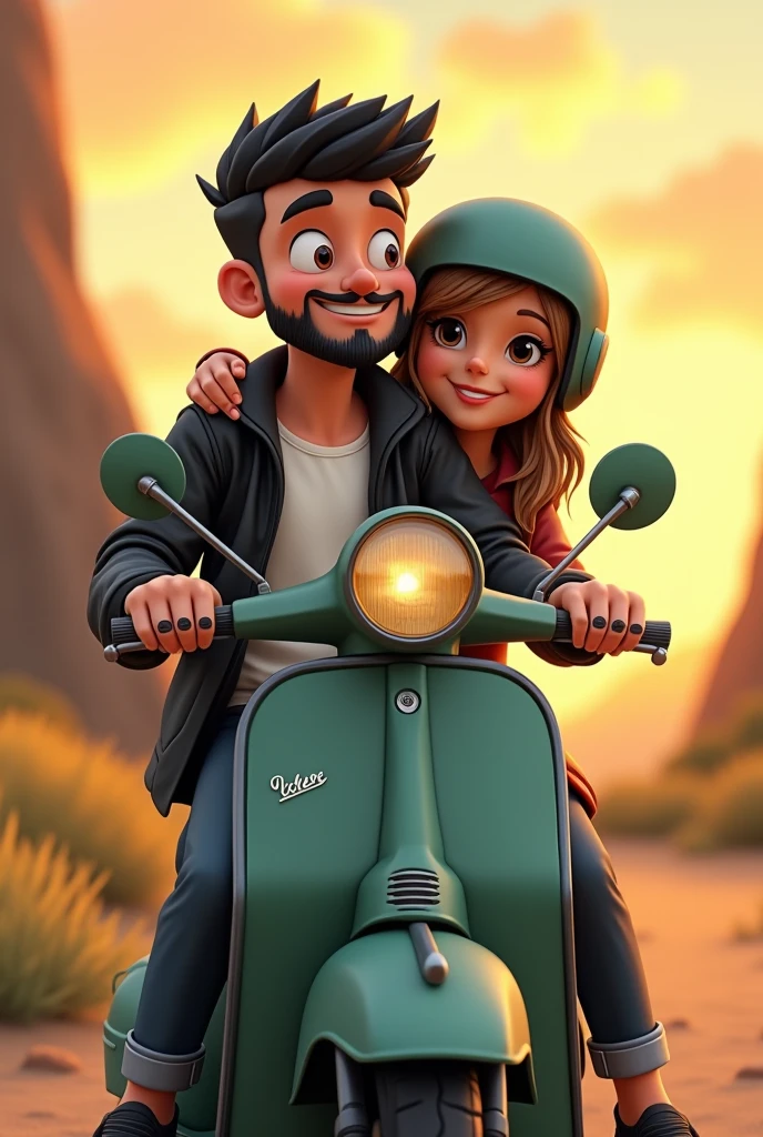 Image of a cartoon-type boy on a classic dark green matte Vespa motorbike, the boy has a full black beard , thin eyebrows, black eyes, short black hair short straight, square face, the photo in a background landscape with a sunset, Biker photo type the guy with a leather jacket and a white t-shirt inside, The black leather jacket half open revealing the t-shirt, black jeans and vans style shoes , the thin boy. He has black rings on both ring fingers of his hands.. Con casco vintage del mismo color de la moto con su novia atras cabello degradado de castaño a rubio tierna de square face de contextura delgada y ojos cafe.