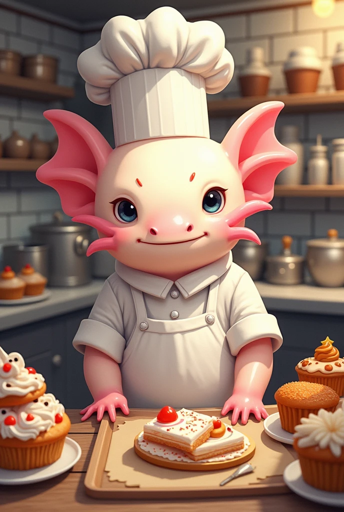  I need animal axolotl dressed as a pastry chef and nombre the seeet memory, is a entreprenaut the bakery and catering 