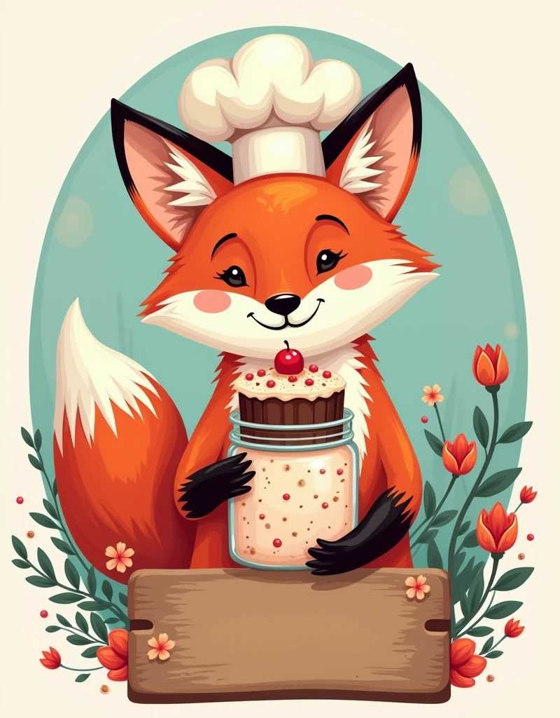 create a logo, flowers, fox with chef&#39;s hat,  holding the cake in the jar, creative, place to put the store name on the wooden board 