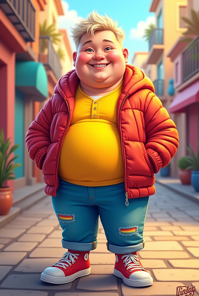 Create a chubby, gay, light-haired character, make him with shorter hair and a little taller, but a little gayer. 