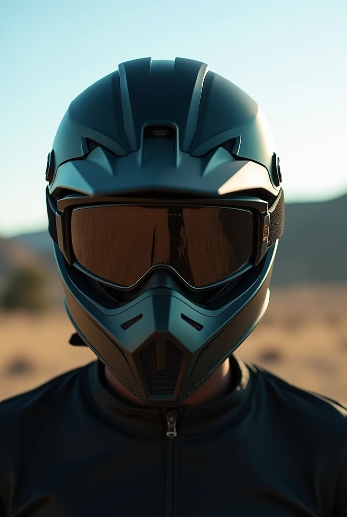 A selfie of a dark-skinned man wearing a black motocross helmet with dark green accents, polarized motocross glasses . The helmet, The glasses completely cover his face and nose.. The scene takes place outdoors, under natural daylight, with an open landscape in the background showing distant trees and hills