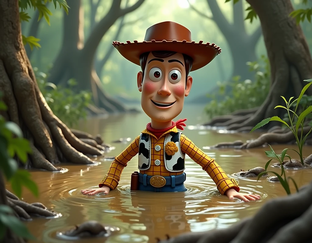 We need images of a Woody and that Woody is stuck in a swamp and has mud all over his body. Woody ka image cartoon type ka ho