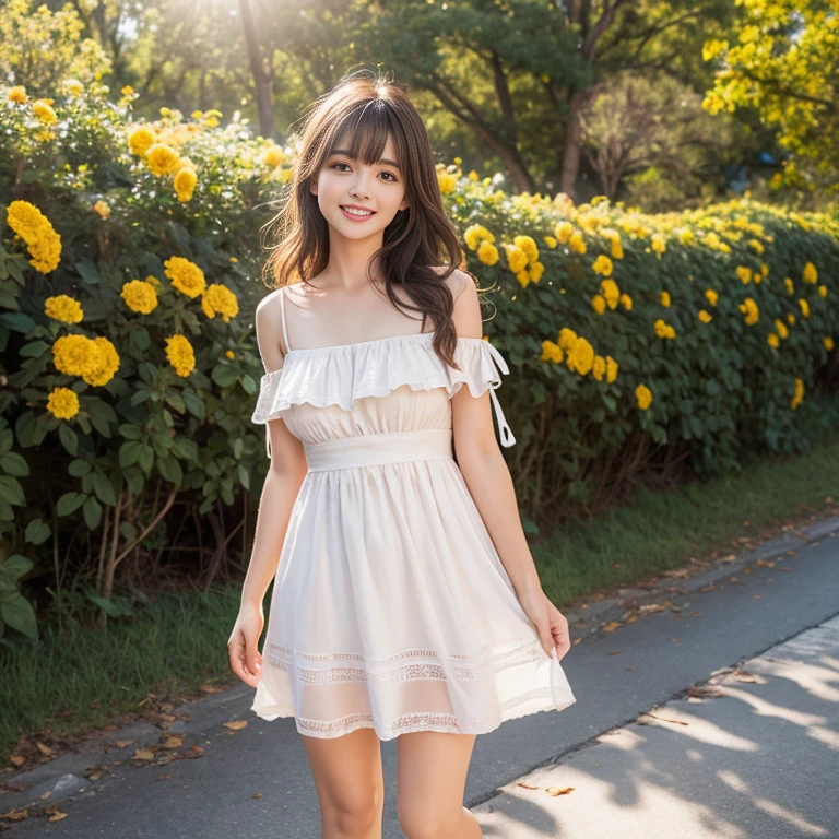 laughing out loud，travel scenery photos，Wear a cute dress，dress with yellow flowers，1 female, On the face, light brown hair, blunt bangs, hair behind ears, Shoulder-length hair, long hair, Slender body type, 超face slimming型, face slimming, delicate lips, beautiful eyes, Thin blush, Eyes are light brown,View here, (actual:1.3), One person's perspective, 8k, Super detailed, high quality, best quality, High resolution，2,above knee shot，Breast protrusion