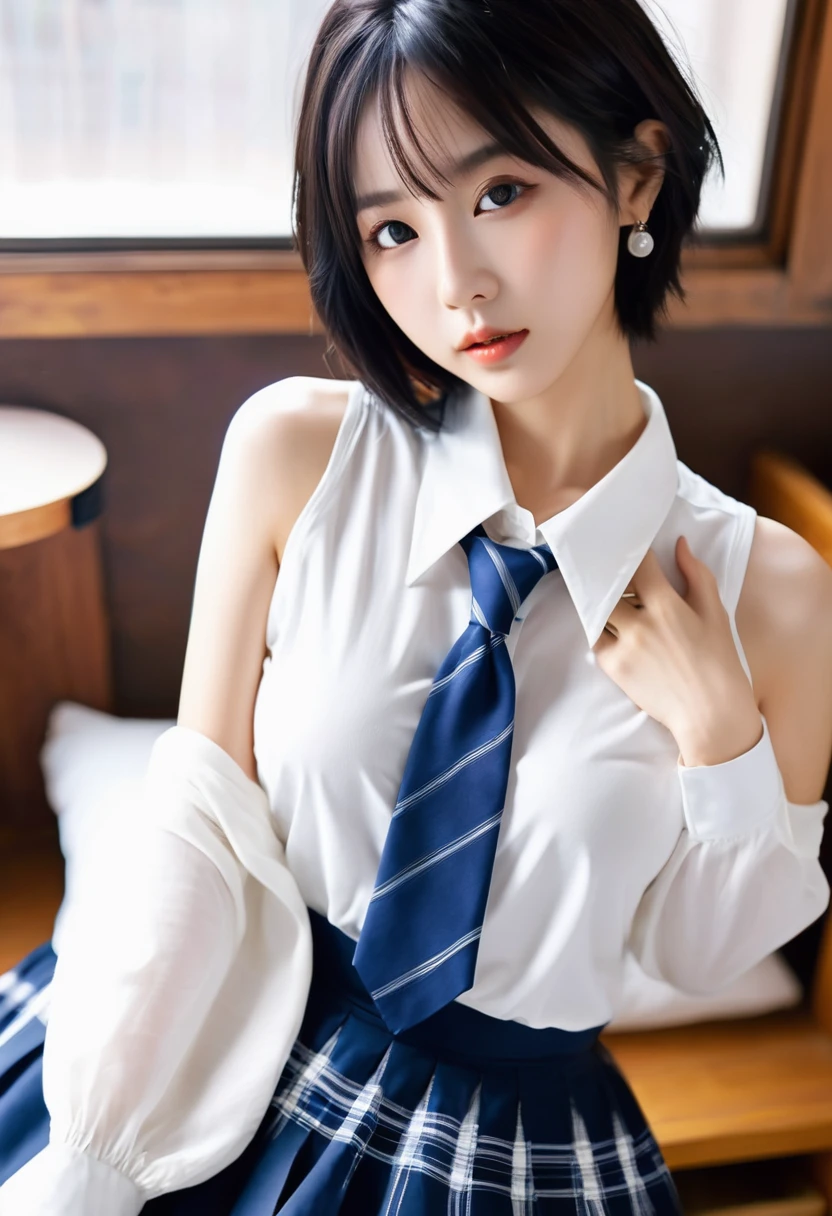 Korean school uniform,Summer uniform shirt,Ribbon Ties,a skirt,School Classroom,school stairs,Chest thrust pose,8K raw photos,A high resolution,17-year-old South Korean,very large round breasts,,beautiful eyes in detail,long eyelasher,beautiful double eyelid,eye shadows,eyes liner,Elongated eyes,Elongated eye shape,Sanpaku eyes,evilsmile,Evil expression,Beautiful and very thin legs, Beautiful and very thin thighs,Random short hair,Hair tied behind the head,耳Nipple Ring,Black hair,her clothes are soaked,Hands on the chest,spread their legs,Panties that expose the crotch,(NSFW:1.075),The reveal panties,Wet clothing fits snugly,((Erect breasts ))),((Erect chest )))