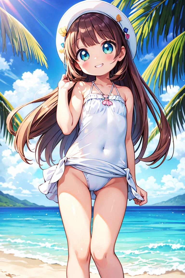 Beautiful illustration, best quality, cute girl, ((Tropical beach at background)), ((Standing)), pastel color, natural tones, ((Dark hair)), ((Flowing hair)), ((Cute girl)), ((Looking at viewer)), ((Slender body)), ((White One-piece swimsuit)), ((Grin)), (Blush), bright lighting, ((Big eyes)), ((Hands at waist))