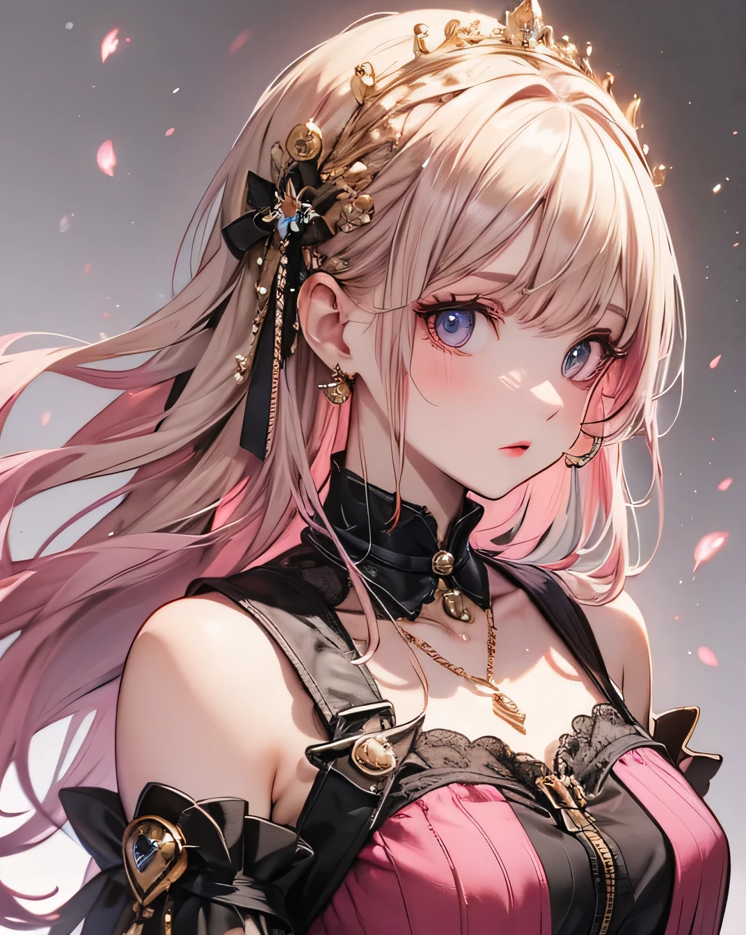 Highest quality, masterpiece, Upper Body, woman, Windblown Blonde, Shining Eyes, Steampunk Style, Light clothing, Pink clothes, Pink Hair