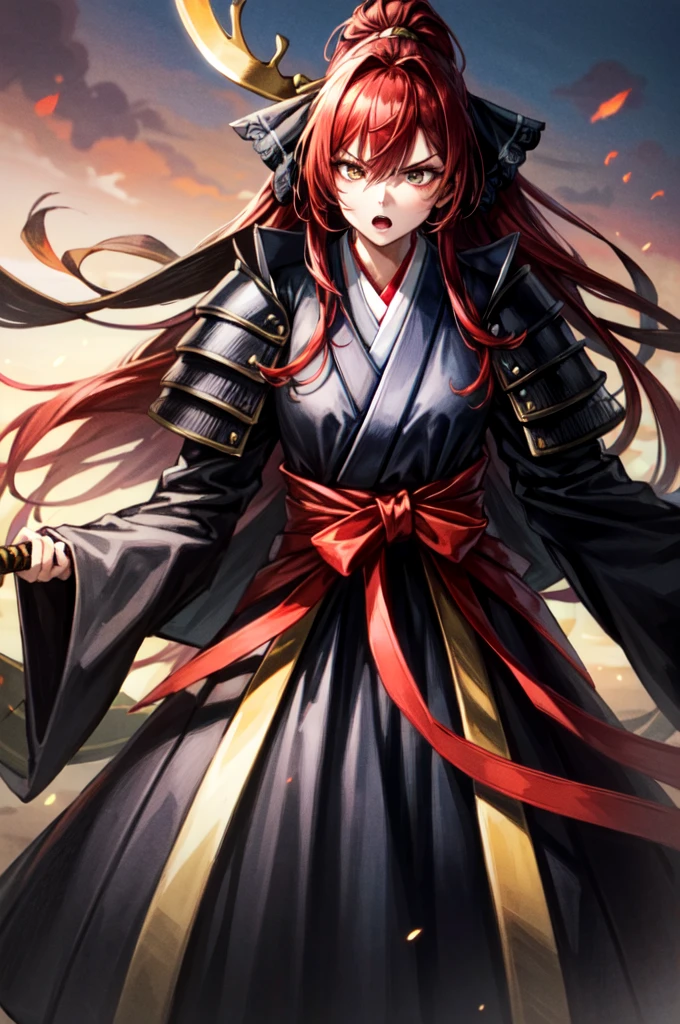 wearing armor One adult female, wearing black kimono, Long Hair, red hair, golden Eyes, snake pupils, Light makeup, intense anger, tite waist, holding sharp sword, full body, big hair, hair over eye, anime, cinematic lighting, cowboy shot, UHD, retina, masterpiece, accurate, anatomically correct, textured skin, super detail, high details, high quality, award winning, best quality, highres, 8k