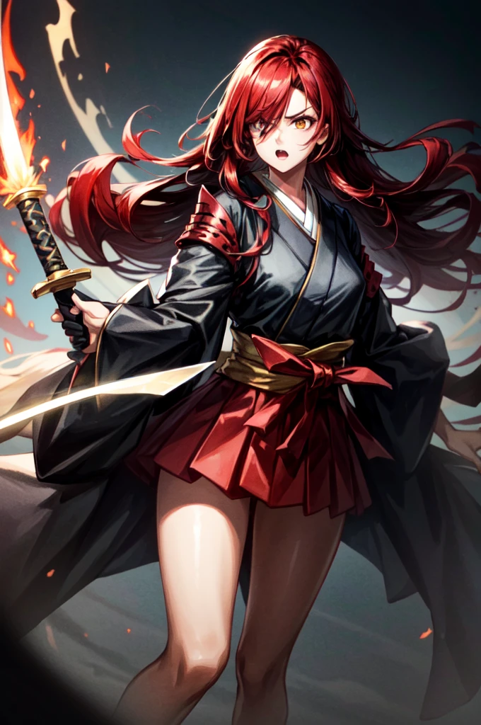 wearing armor One adult female, wearing black kimono, Long Hair, red hair, golden Eyes, snake pupils, Light makeup, intense anger, tite waist, holding sharp sword, full body, big hair, hair over eye, anime, cinematic lighting, cowboy shot, UHD, retina, masterpiece, accurate, anatomically correct, textured skin, super detail, high details, high quality, award winning, best quality, highres, 8k