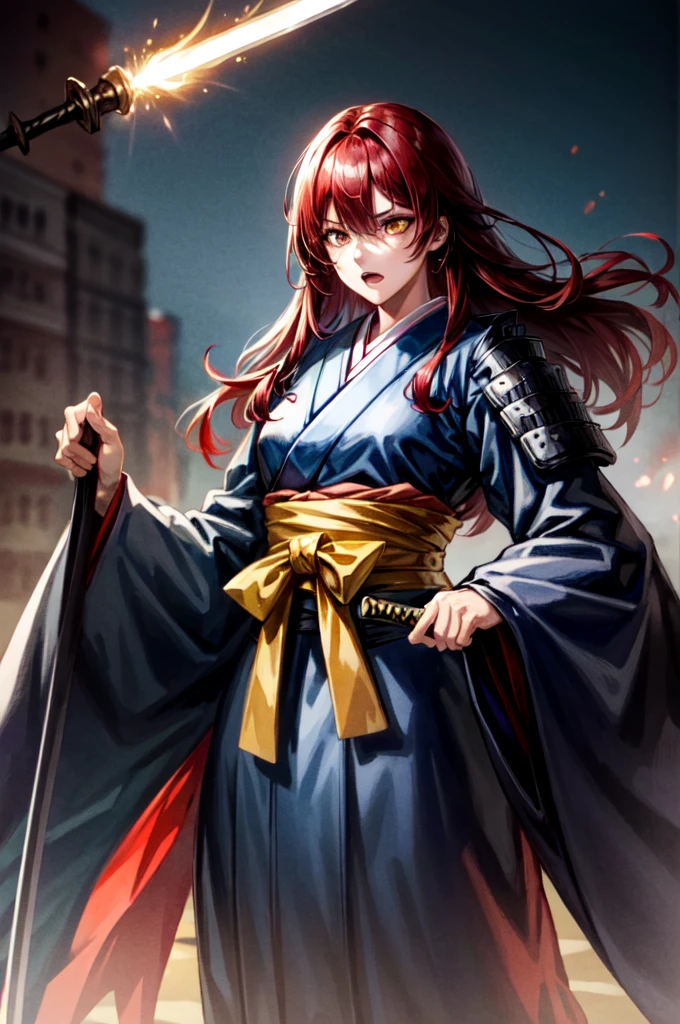 wearing armor One adult female, wearing black kimono, Long Hair, red hair, golden Eyes, snake pupils, Light makeup, intense anger, tite waist, holding big sharp sword, full body, big hair, hair over eye, anime, cinematic lighting, cowboy shot, UHD, retina, masterpiece, accurate, anatomically correct, textured skin, super detail, high details, high quality, award winning, best quality, highres, 8k